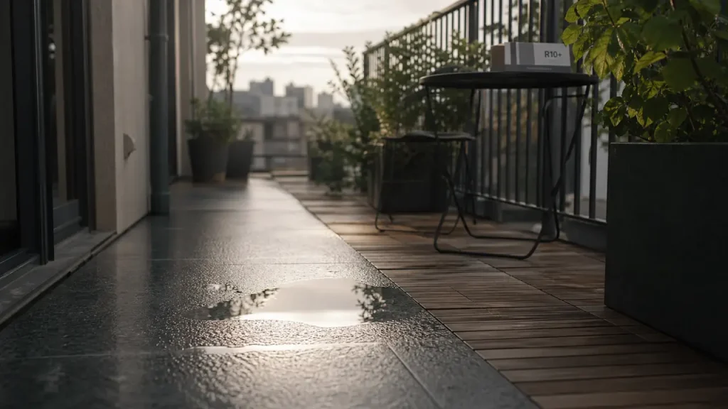 Revêtement sol balcon antidérapant : antirouille, limite glissance, résiste à l’humidité après pluie.