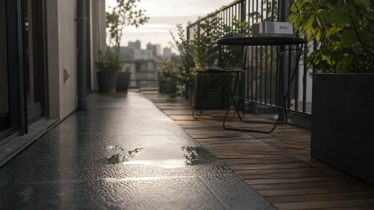 Revêtement sol balcon antidérapant : antirouille, limite glissance, résiste à l’humidité après pluie.