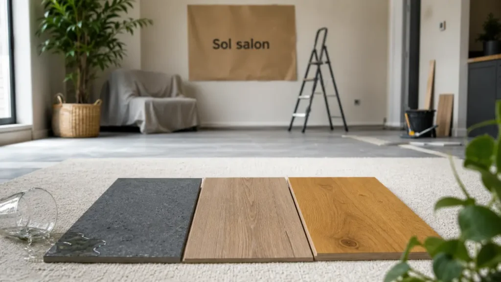 Sol salon : échantillons grès cérame, vinyle et parquet