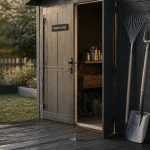 Cabane à outil de jardin en bois traité, quincaillerie métal, outils visibles