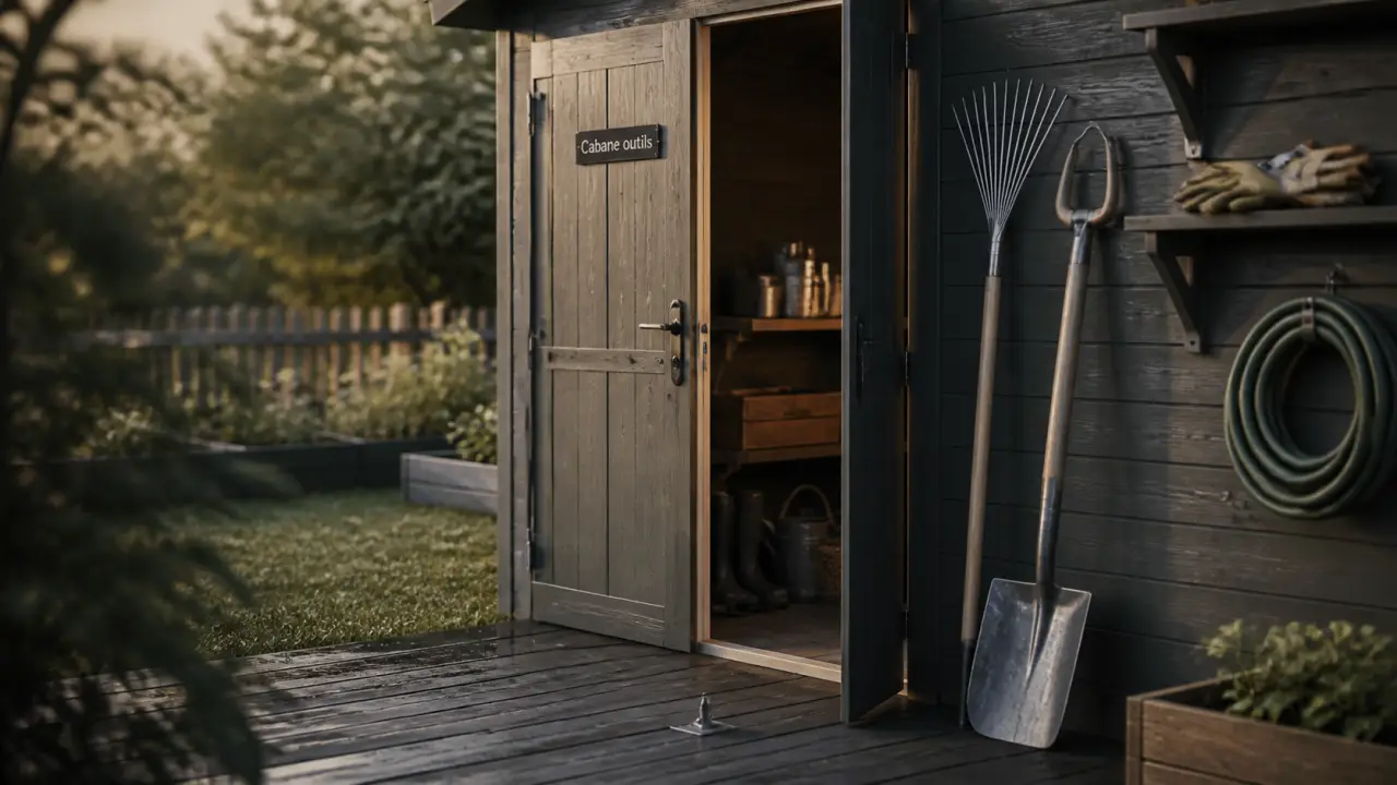 Cabane à outil de jardin en bois traité, quincaillerie métal, outils visibles