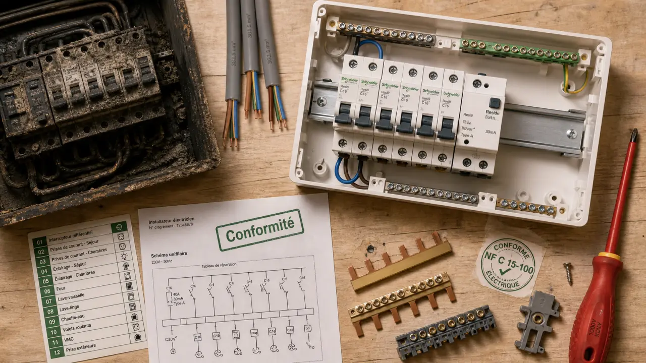 Changement d un tableau electrique : coffret neuf, normes et 20 % d’emplacements libres