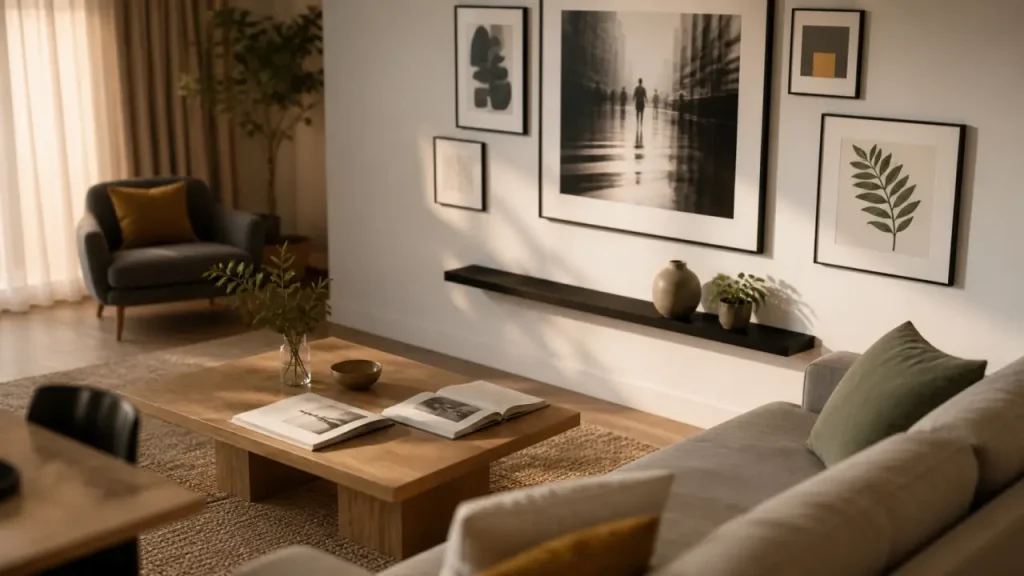 Décorer mur blanc : cadres et étagère flottante dans un salon moderne