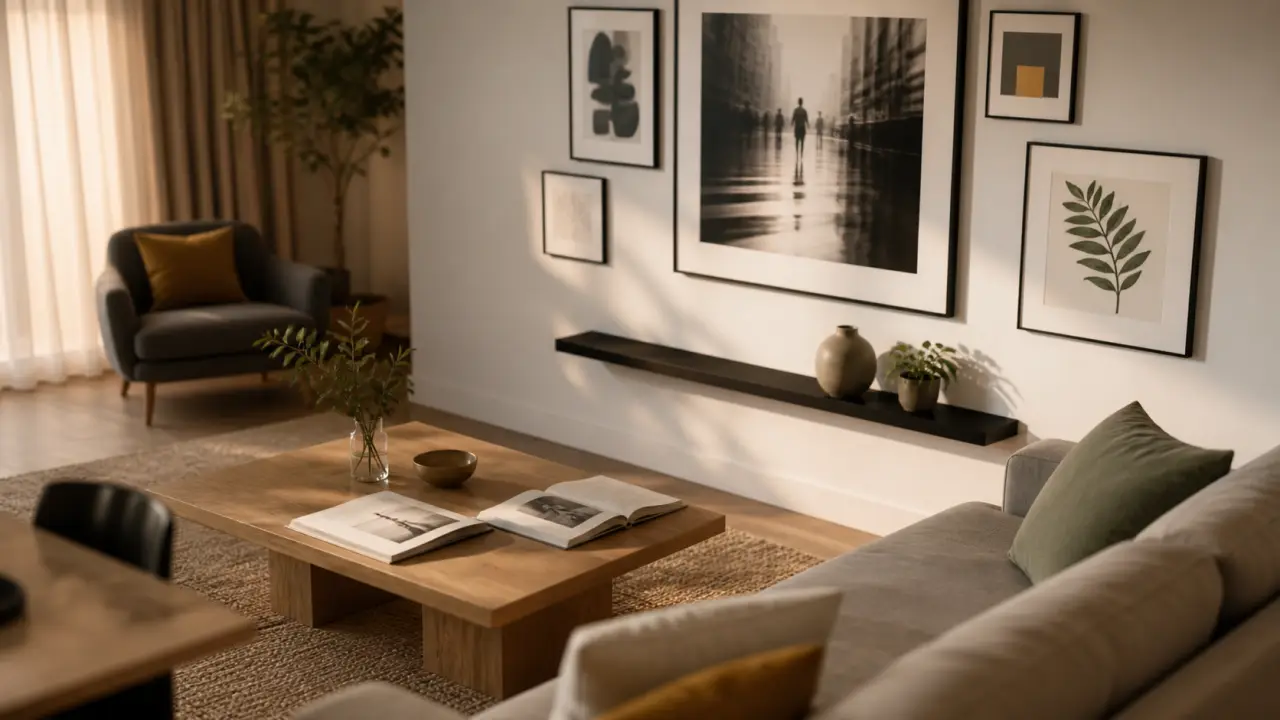Décorer mur blanc : cadres et étagère flottante dans un salon moderne