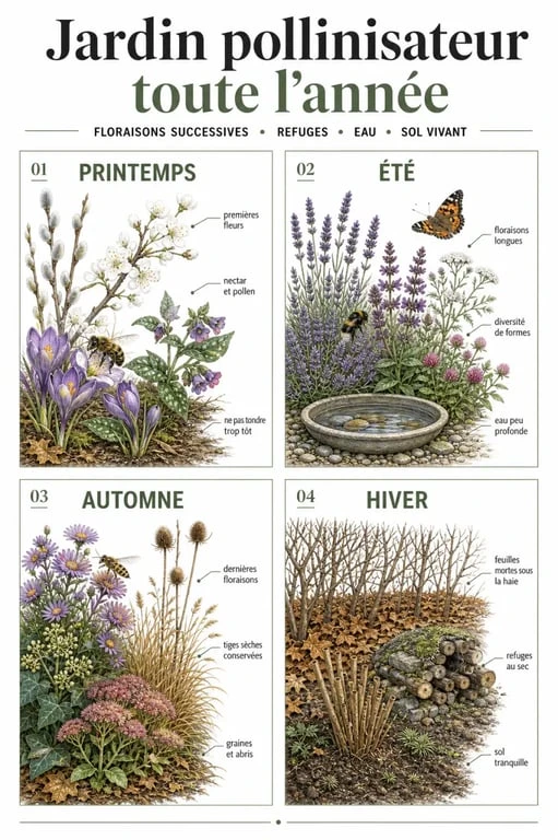Attirer les pollinisateurs au jardin à travers les saisons avec des floraisons successives et des abris naturels