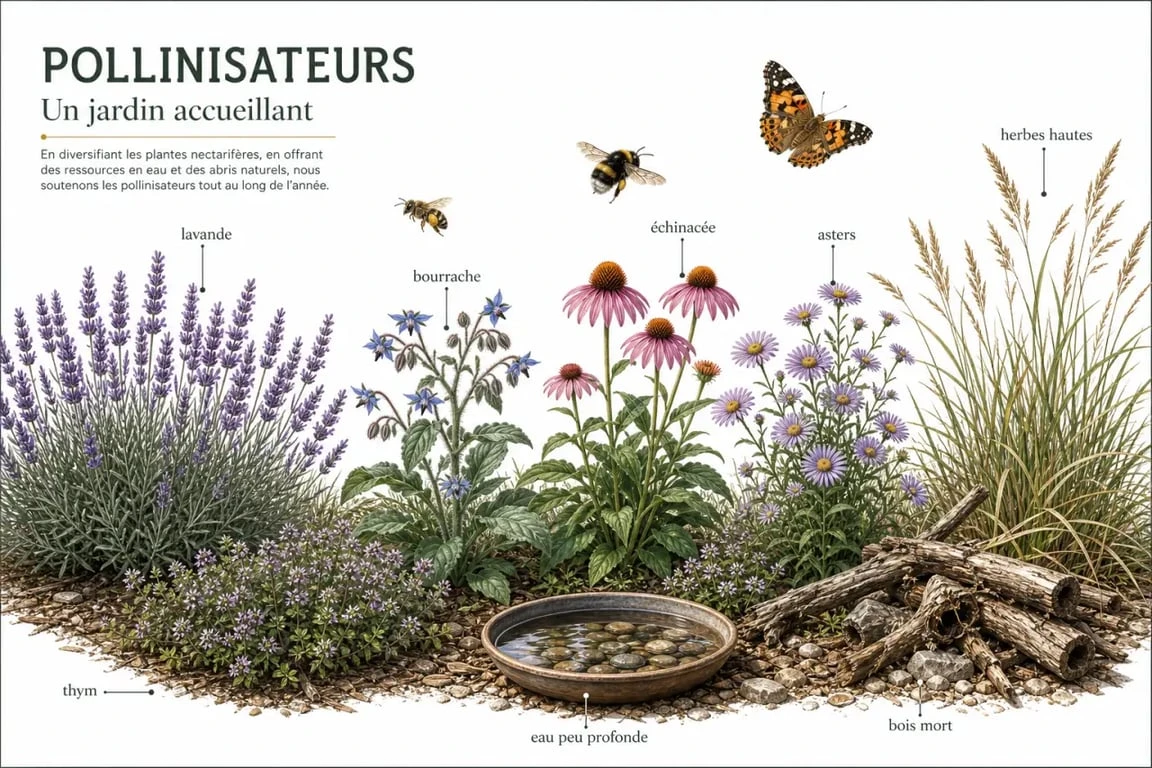 Attirer les pollinisateurs au jardin avec un massif de fleurs mellifères, une coupelle d’eau et des abris naturels
