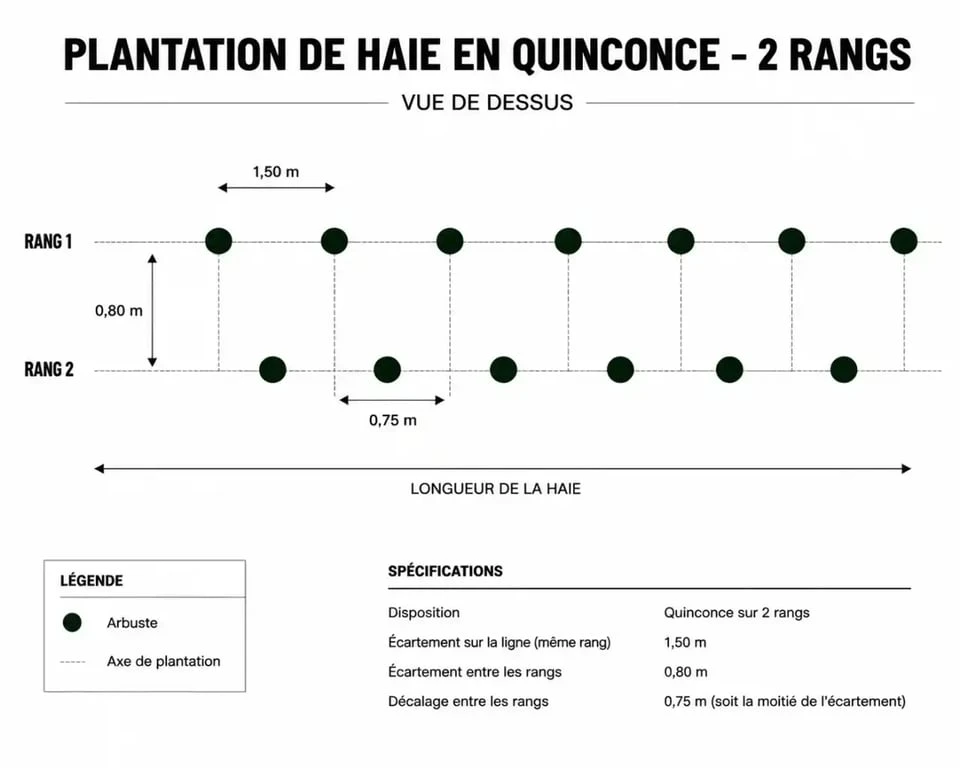 Schéma de plantation d'arbuste pour haie à croissance rapide en quinconce