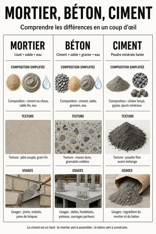 Mortier beton : comparaison visuelle entre mortier, béton et ciment
