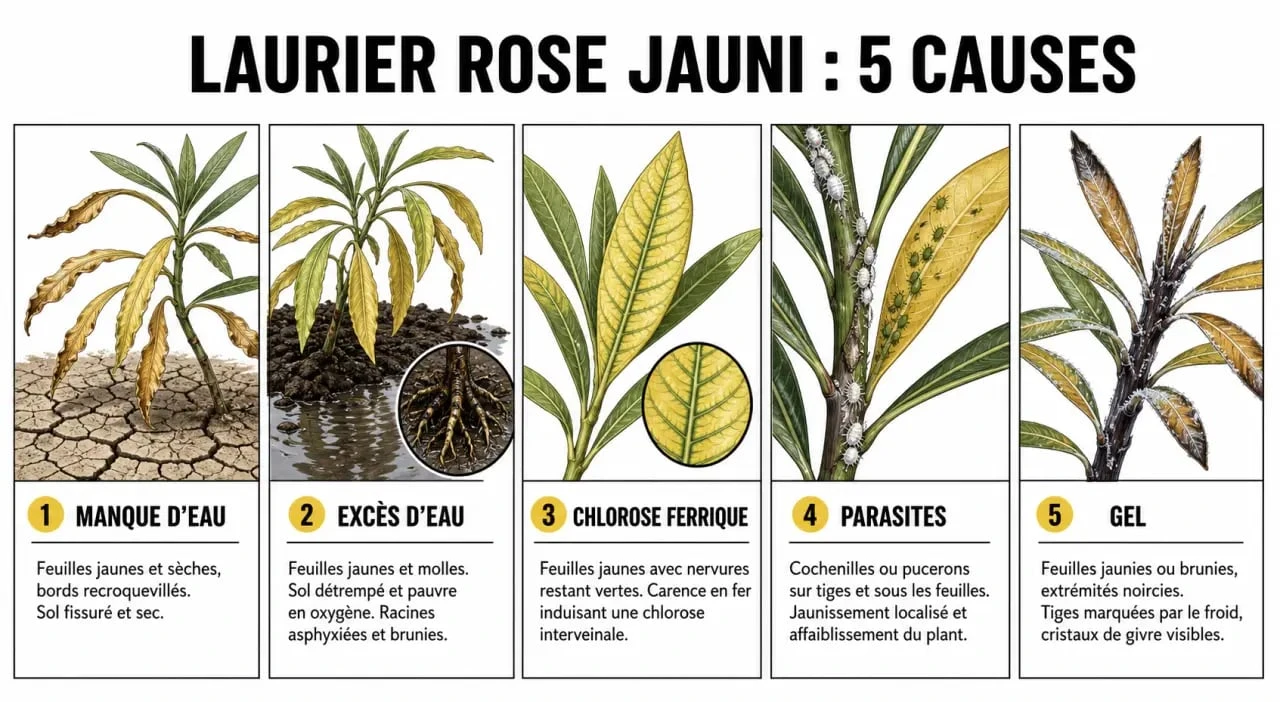 Comparatif visuel des causes d’un laurier rose jauni : excès d’eau, manque d’eau, chlorose, parasites et gel