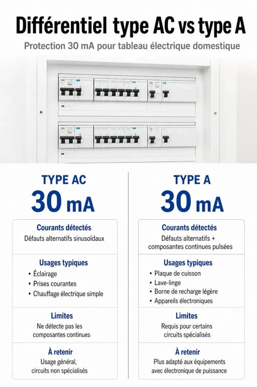Différentiel type a ou ac : comparaison visuelle des usages et des courants détectés dans un tableau électrique