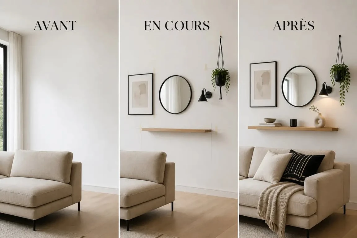 Décorer mur blanc : avant et après d’un salon avec cadres, miroir et étagère flottante
