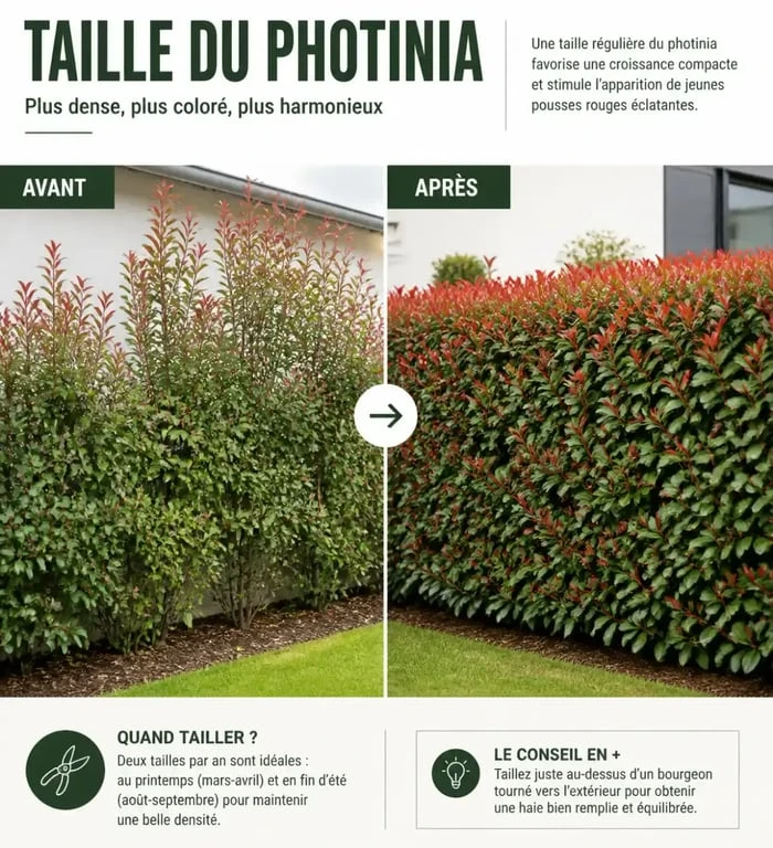 Résultat d'une taille réussie sur une haie de photinia avec jeunes pousses rouges