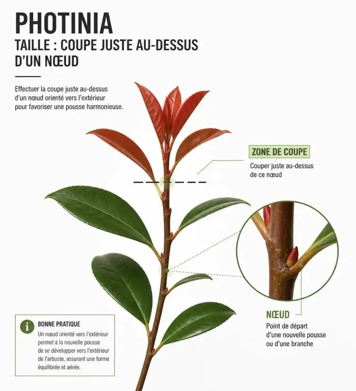 Schéma de coupe pour tailler les photinia au-dessus d'un nœud