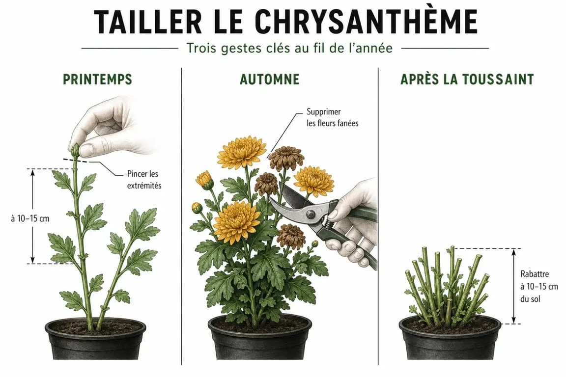Taille chrysanthème illustrée en trois étapes : pincement, suppression des fleurs fanées et rabattage