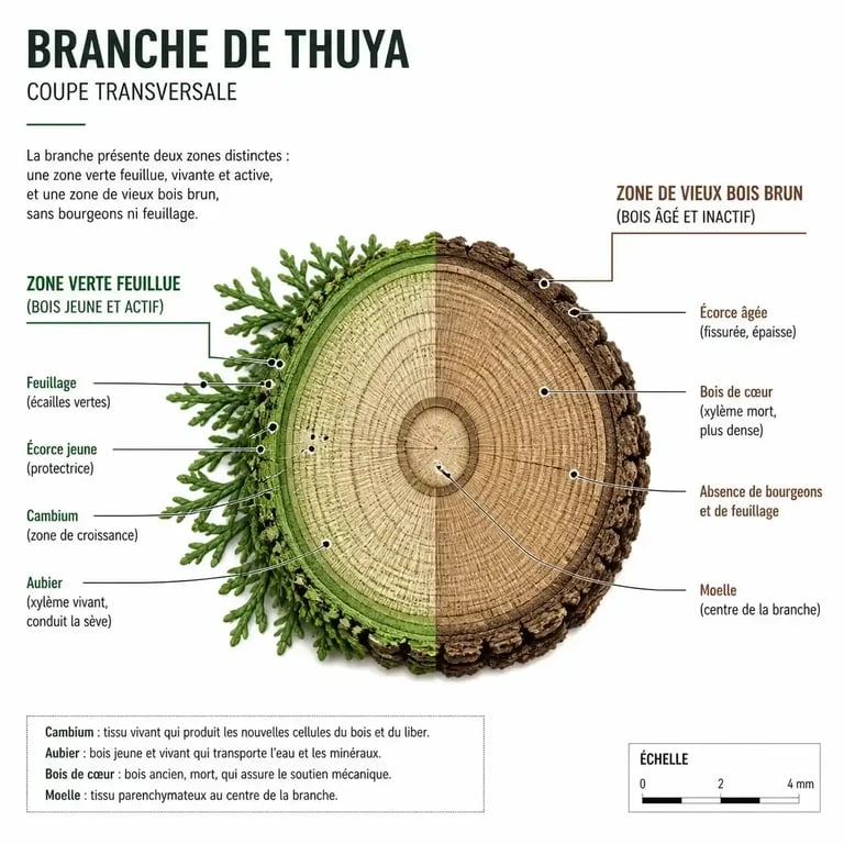 Schéma explicatif de la structure d'une branche de thuya pour une taille sévère réussie