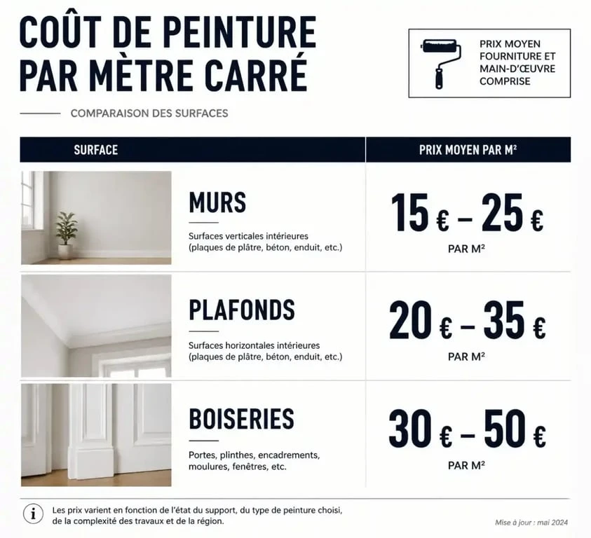 Comparatif des prix de la peinture au m2 selon la surface : murs, plafonds et boiseries