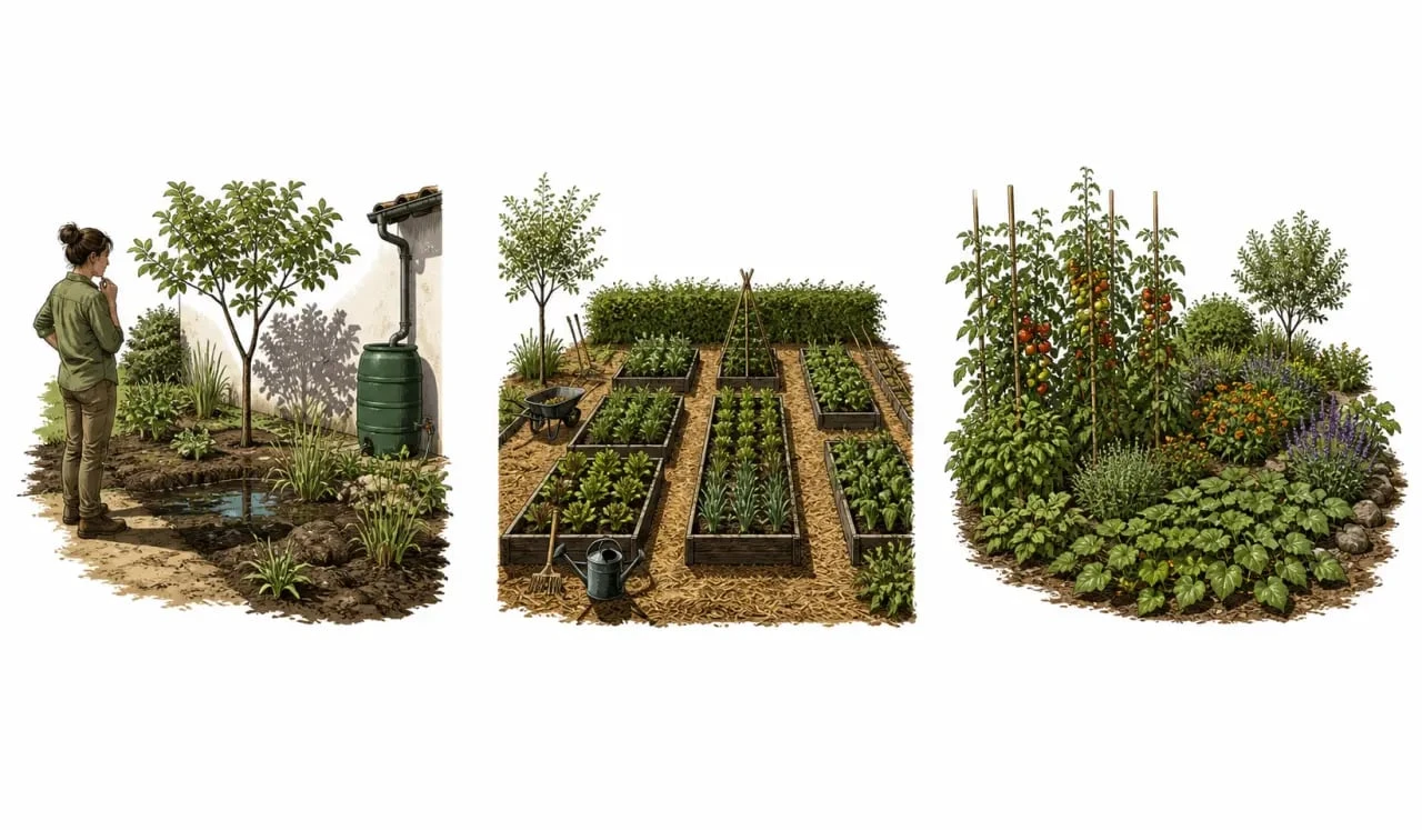 La permaculture au potager : observer le terrain, pailler le sol et associer les cultures.