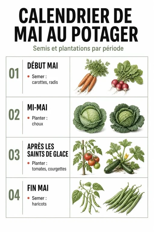 Que planter en mai au potager : calendrier visuel du début, milieu et fin de mois