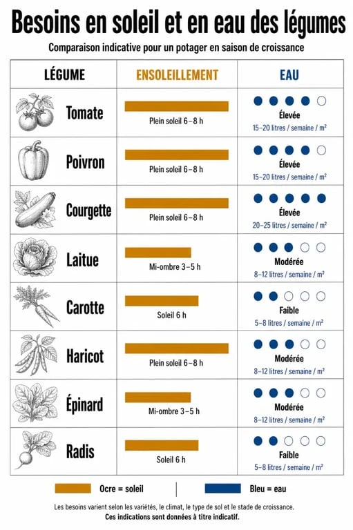 Tableau comparatif des besoins des légumes pour organiser son potager efficacement