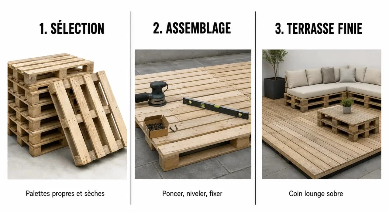 Palette pour terrasse : illustration éditoriale en trois étapes du choix des palettes à l’aménagement final d’une terrasse en bois