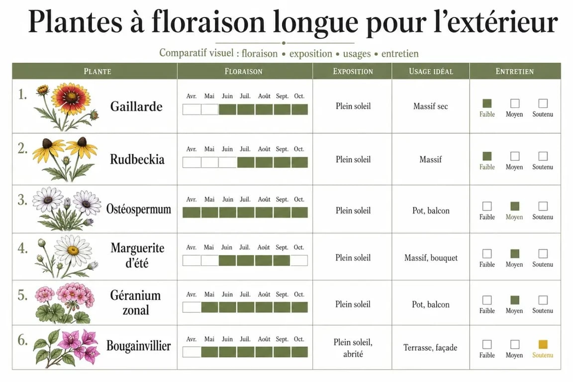 Plante qui fleurit toute l’année : tableau comparatif des plantes à floraison longue pour balcon et jardin