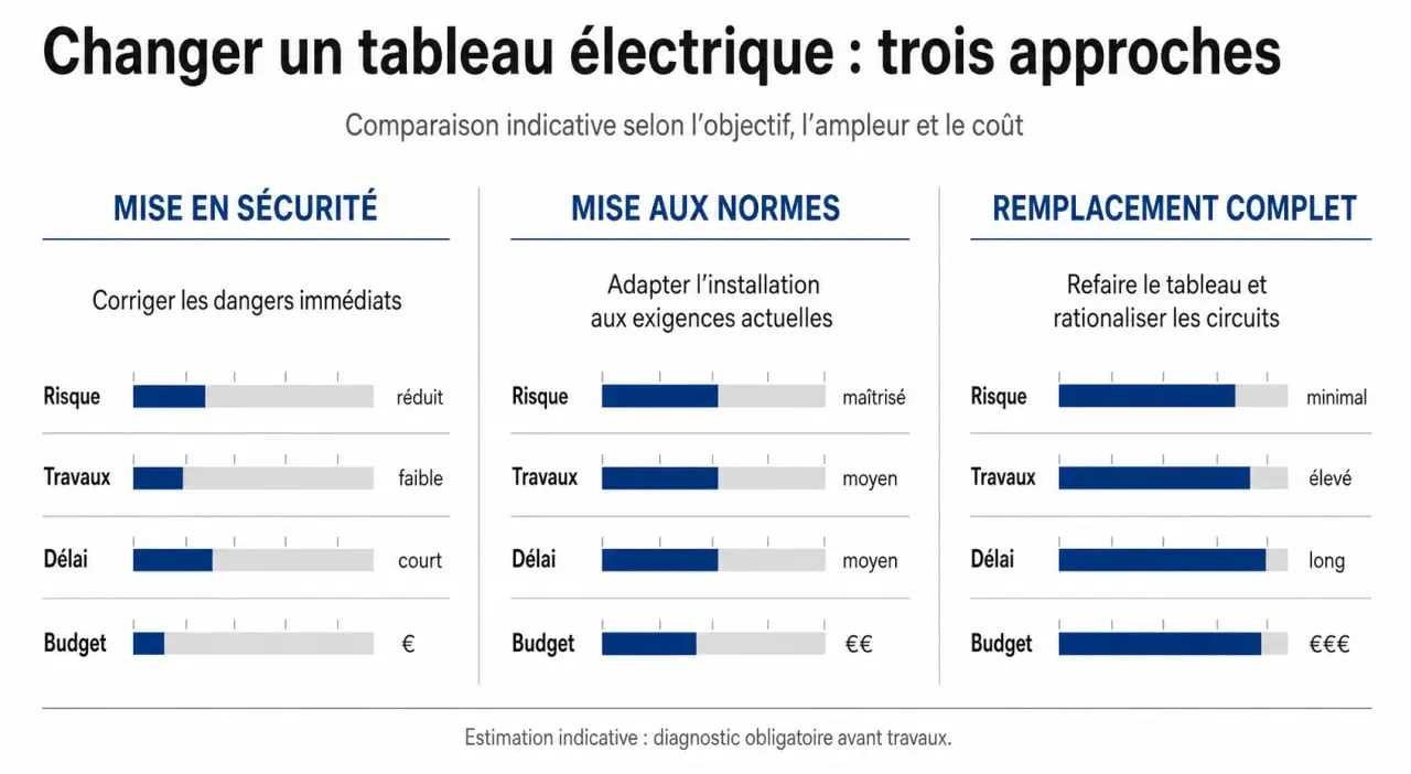 Changement d un tableau electrique : comparaison entre mise en sécurité, mise aux normes et remplacement complet