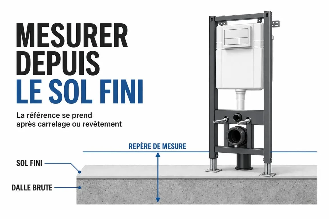 Hauteur toilette suspendu : mesure depuis le sol fini avant la pose du bâti-support