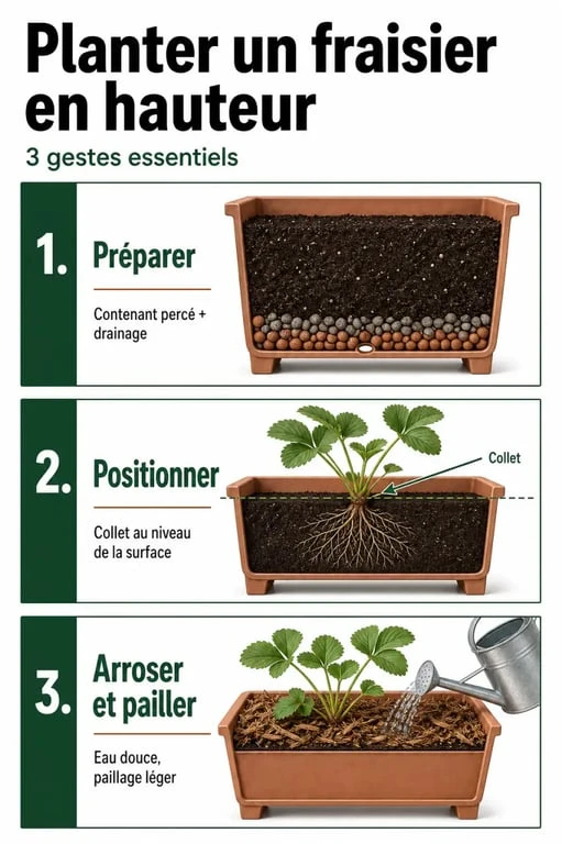 Plantation fraisier en hauteur : étapes pour installer un fraisier hors sol sans enterrer le collet
