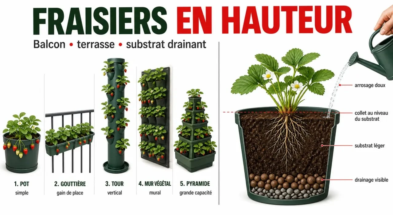 Plantation fraisier en hauteur : comparaison des supports et mise en pot correcte d’un fraisier sur balcon