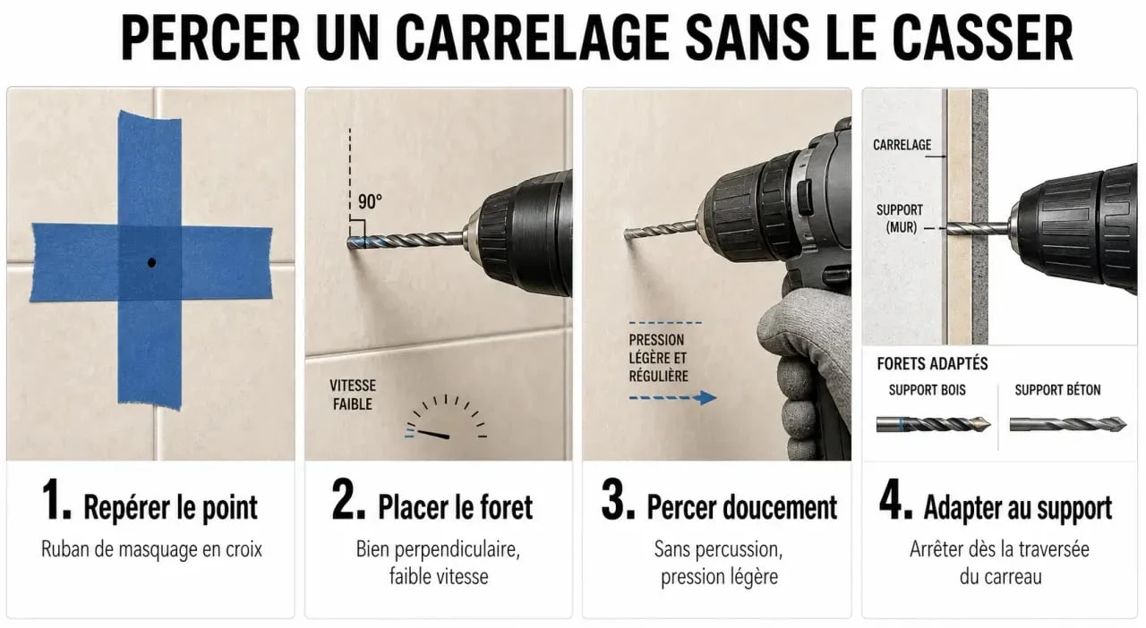 Comment percer un carrelage sans le casser, illustration séquentielle des étapes de perçage