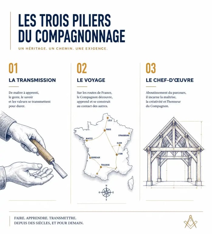 Infographie des trois piliers du compagnonnage : transmission, voyage et chef-d'œuvre