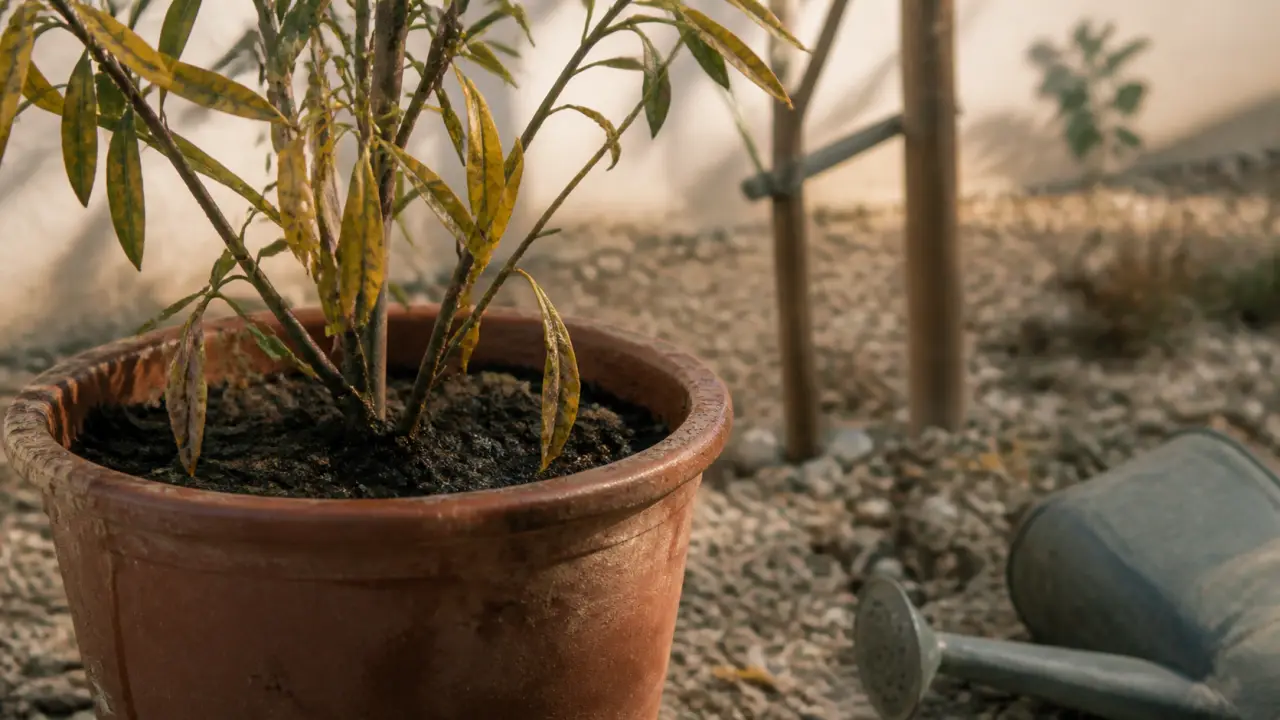 Laurier rose jauni en pot : feuilles ternes et substrat humide