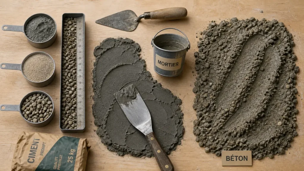 Mortier beton : sable et graviers, différences mortier béton sur table atelier
