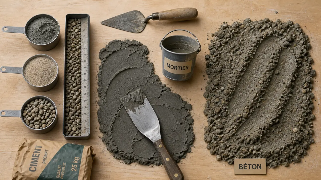 Mortier beton : sable et graviers, différences mortier béton sur table atelier