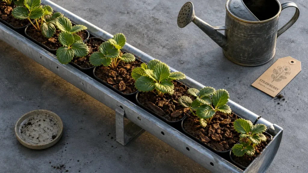 Plantation fraisier en hauteur en gouttière zinc avec drainage