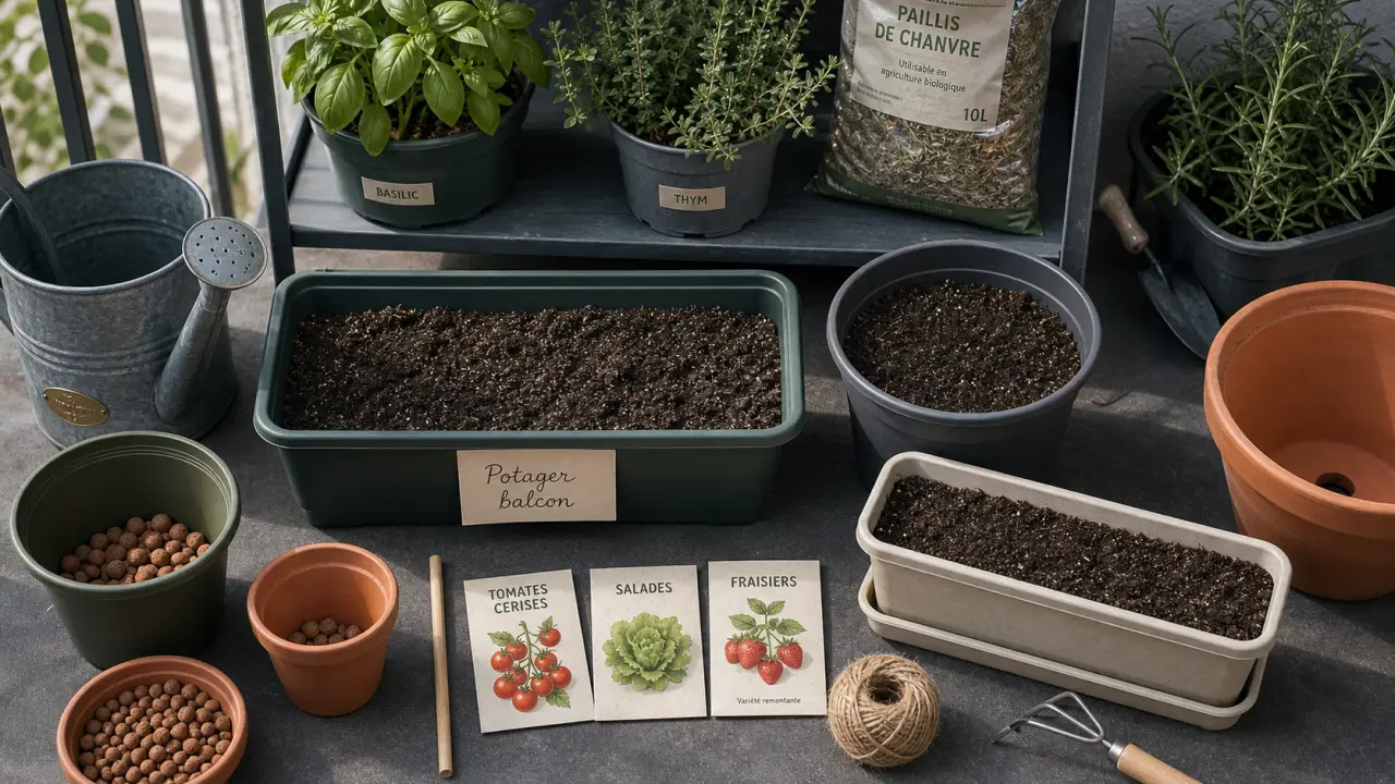 Potager sur balcon avec jardinières et pots