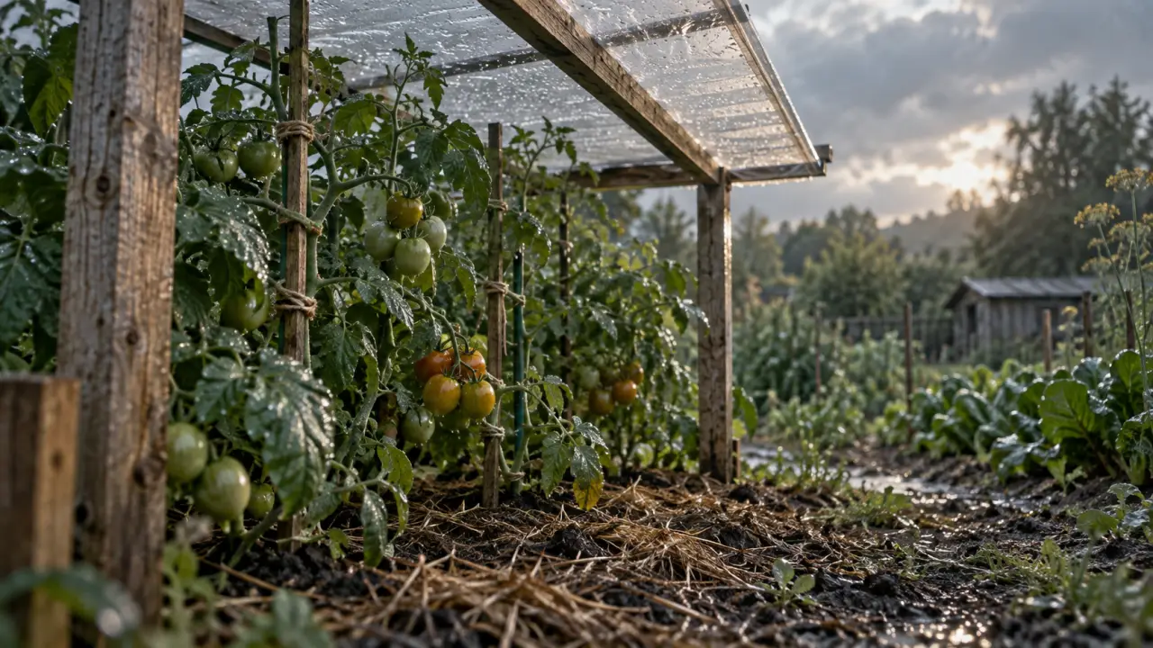 Abri tomates fait maison avec toit ouvert, feuilles au sec