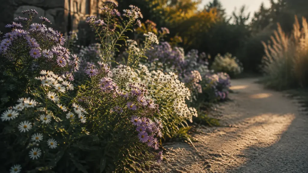 Massif d’asters vivaces en fleurs au soleil rasant