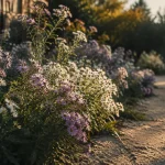 Massif d’asters vivaces en fleurs au soleil rasant