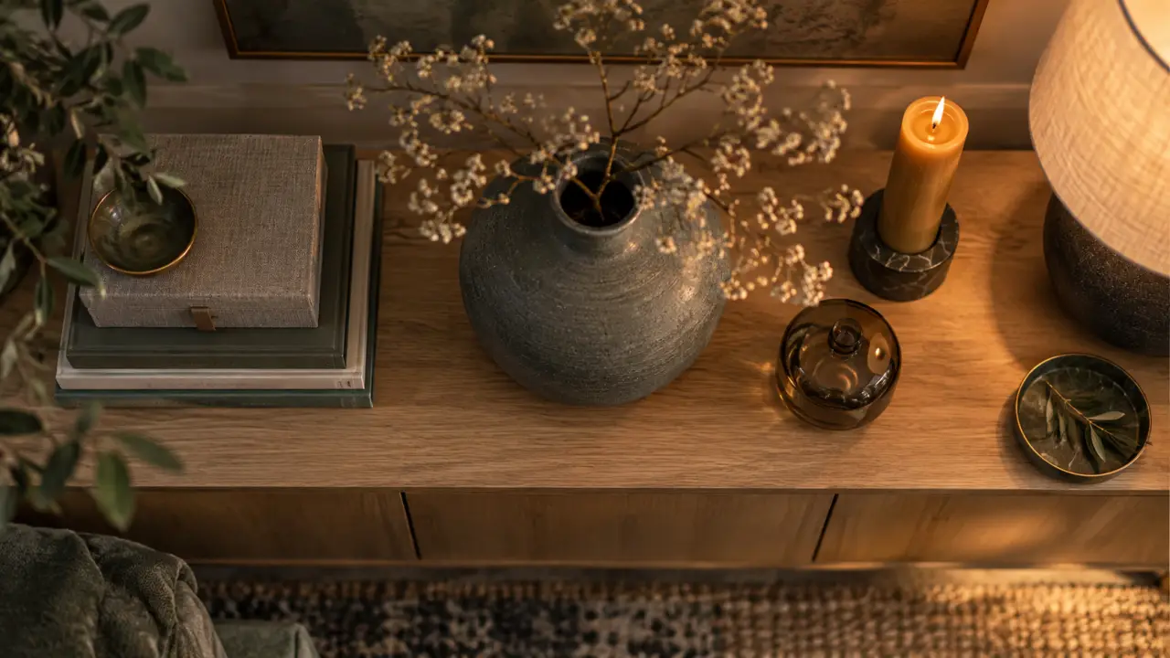 Déco buffet salon en bois clair avec vase, livres et bougie