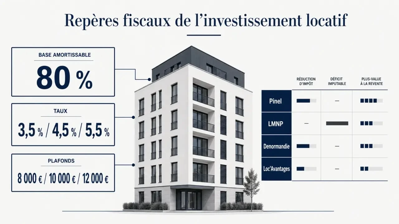 Infographie bailleur privé 2026 sur l'amortissement fiscal, les taux et plafonds de déduction