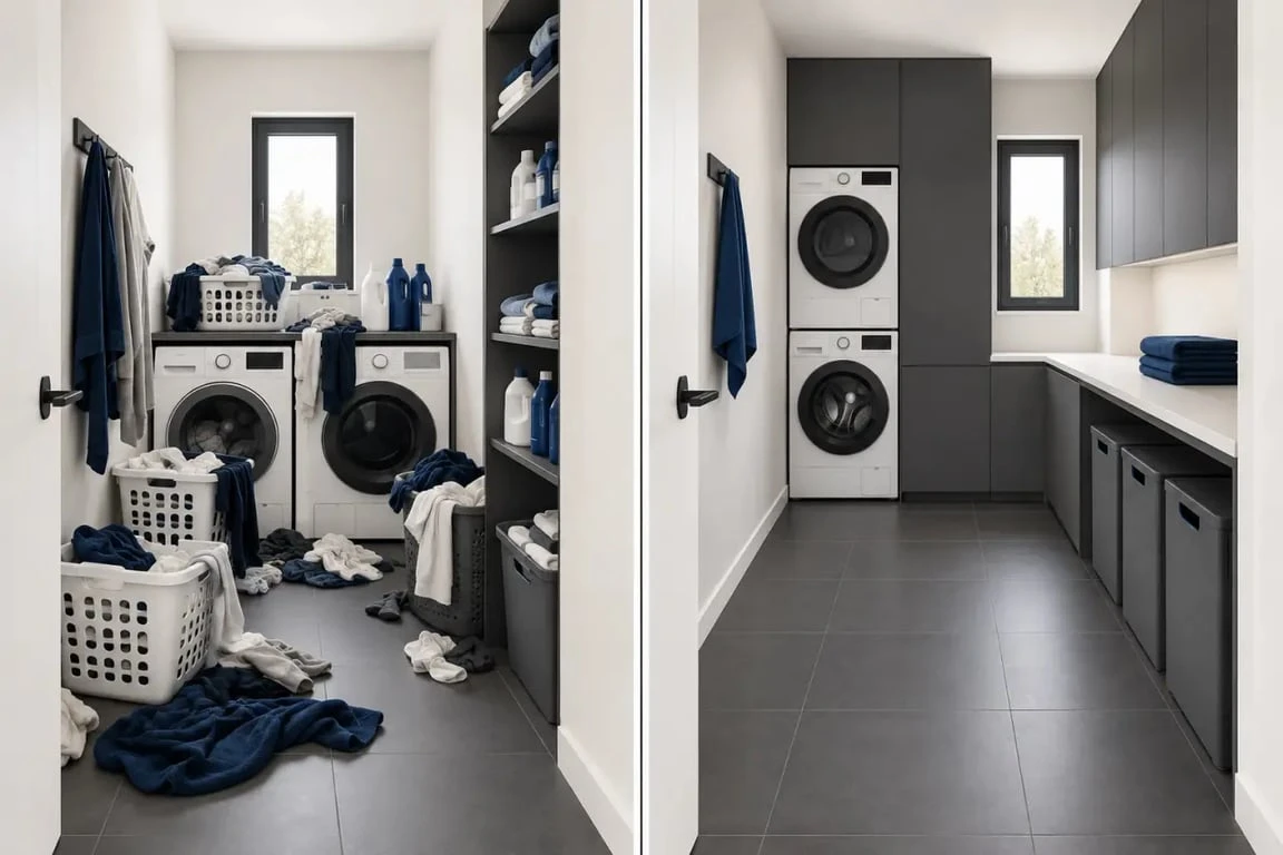Avant après avec meuble rangement buanderie dans une petite pièce organisée