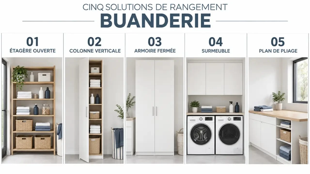 Types de meuble rangement buanderie : étagère, colonne, armoire, surmeuble et meuble avec plan de pliage
