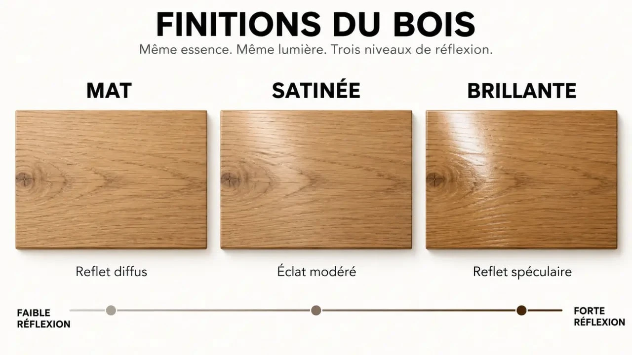 Comparaison des finitions mate satinée et brillante pour un vernissage meuble bois