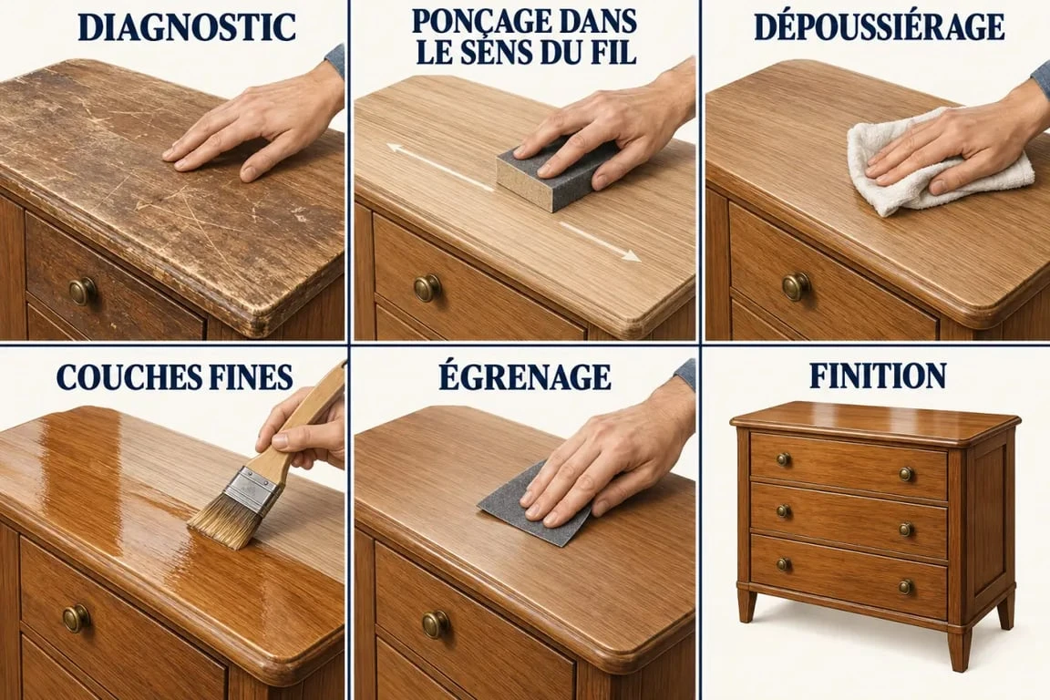 Étapes du vernissage meuble bois, du ponçage à l’application des couches de vernis
