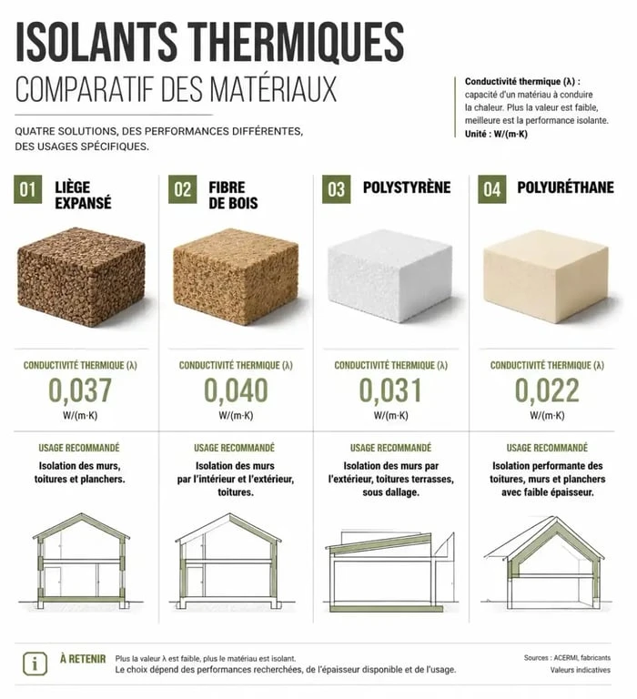 Comparatif matériaux panneau isolation thermique liège fibre de bois polystyrène polyuréthane