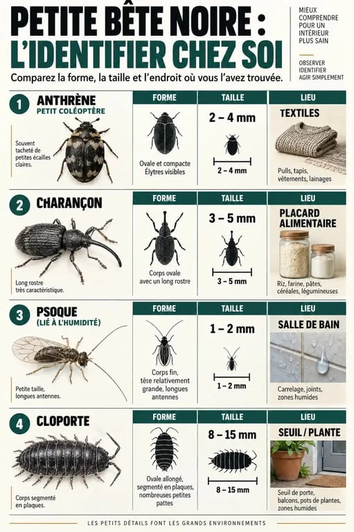 Petite bête noire maison : infographie pour identifier les insectes selon leur forme et la pièce où ils apparaissent