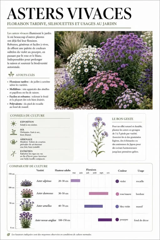 Asters vivaces : tableau comparatif des espèces, hauteurs et périodes de floraison