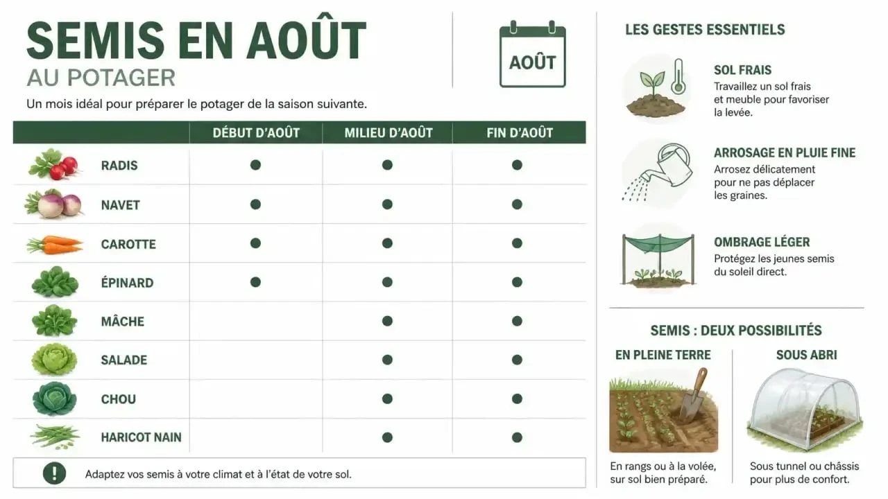 Infographie des semis en août au potager avec calendrier, légumes et conseils d’arrosage