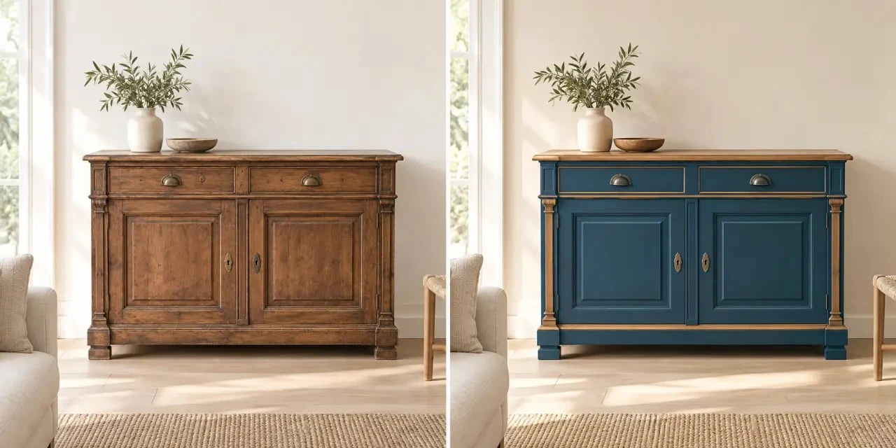 Avant-après d'une idée de couleur pour repeindre un meuble en bois avec un buffet bleu pétrole
